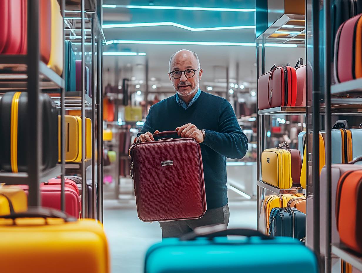 Client souriant dans un magasin moderne, portant des sacs shopping