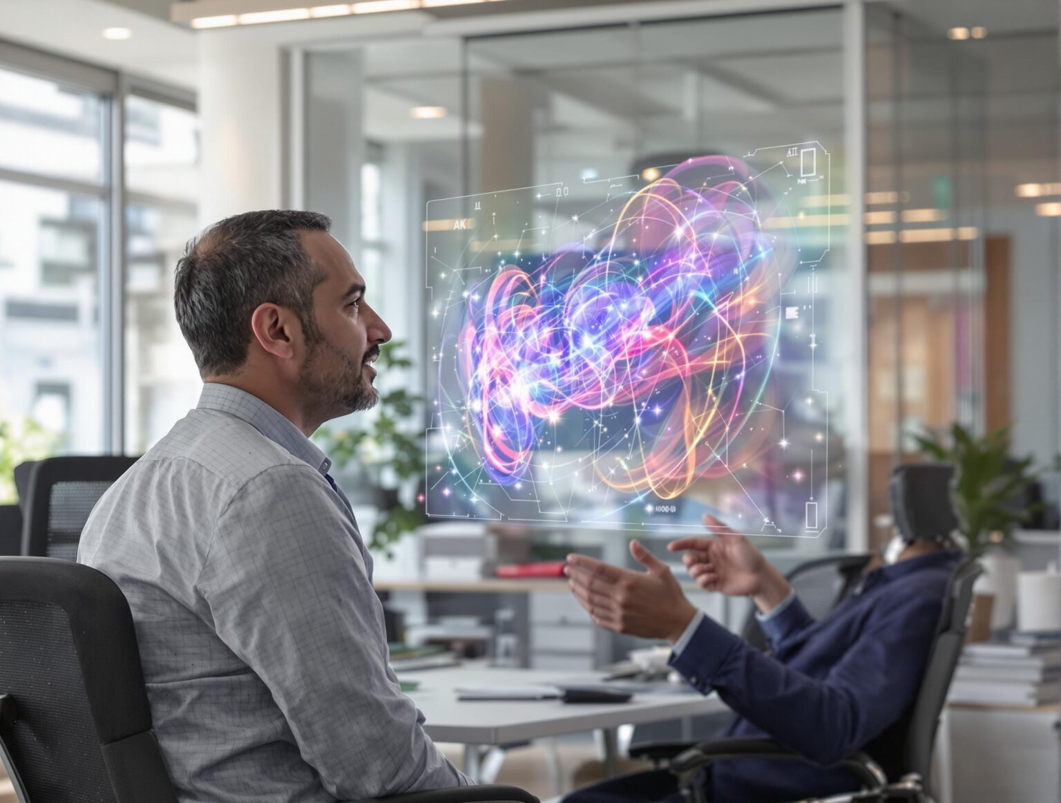 Deux hommes d'affaires discutant d'une projection holographique colorée dans un bureau moderne.