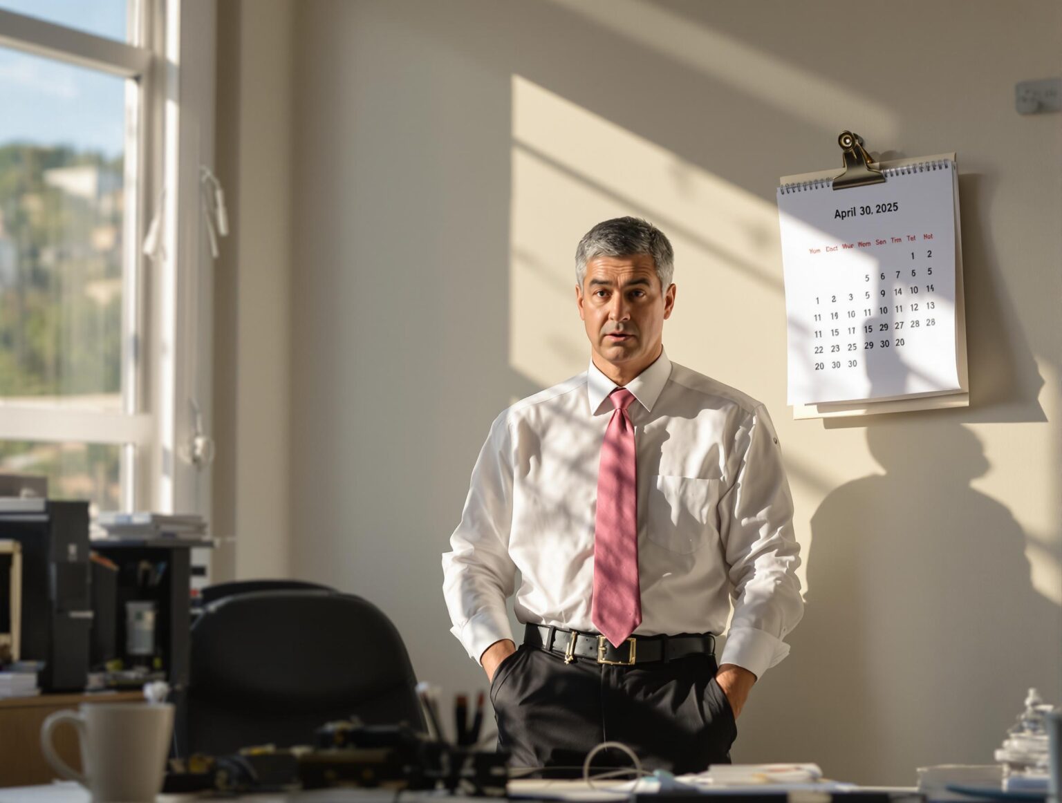Homme d'affaires devant un calendrier indiquant le 30 avril 2025